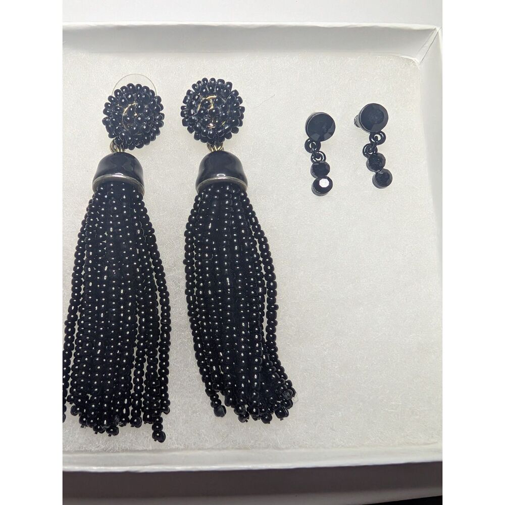 Jet Black Beaded Tassel Statement Earrings & Drop Studs Set
